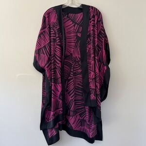 Blended Kimono Short Open Front Poly Silk Plum Black Palm Print Lounge Robe OS